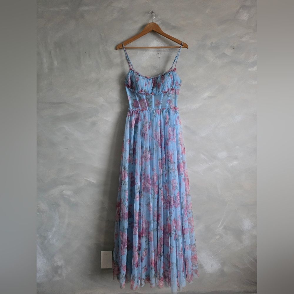 Windsor Haylie Corset A-Line Floral Tulle Formal Dress Light blue Sheer Sz 7